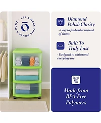 Homz Plastic 3 Drawer Medium Storage Container Tower, Clear Drawers/Lime Frame