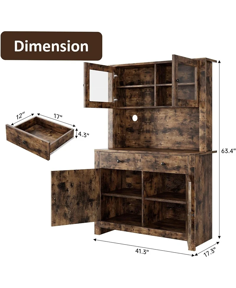 gaomon Kitchen Cabinet with Microwave Stand & Drawers, Large Storage Hutch Adjustable Shelves, Freestanding Coffee Bar Station for