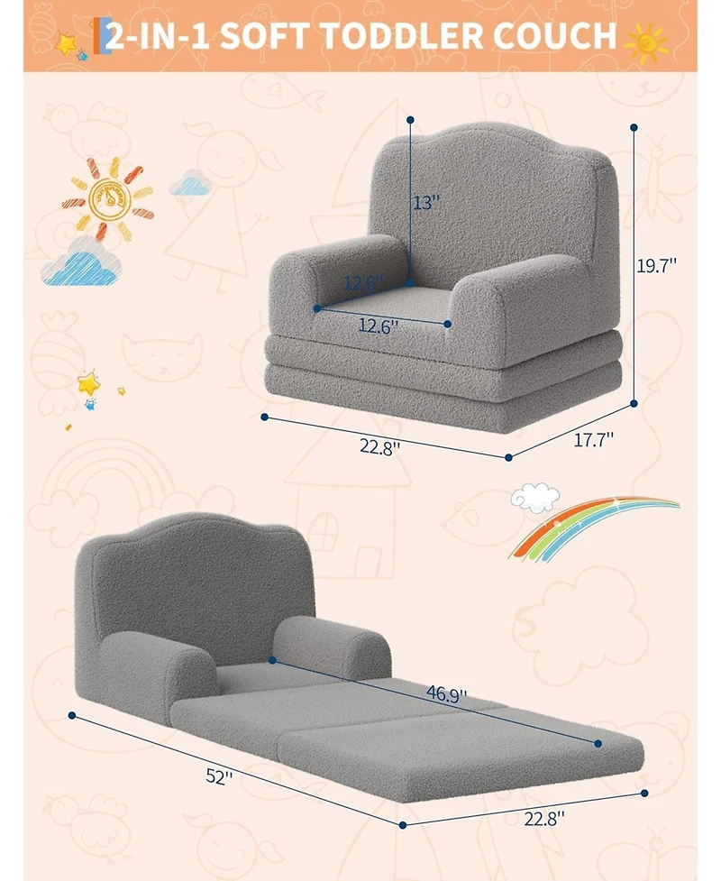 gaomon Kids Couch, 2-in-1 Comfy Toddler Couch Fold Out, Convertible Sofa to Lounger Foam Chair
