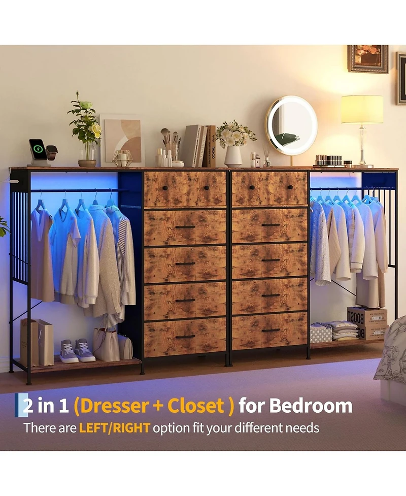 gaomon Dresser with Hanging Rack, Reversible 6 Drawers Led Lights & Charging Station, Fabric Closet Dressers Chest of