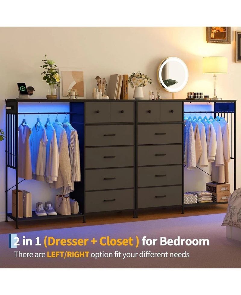 gaomon Dresser with Hanging Rack, Reversible 6 Drawers Led Lights & Charging Station, Fabric Closet Dressers Chest of