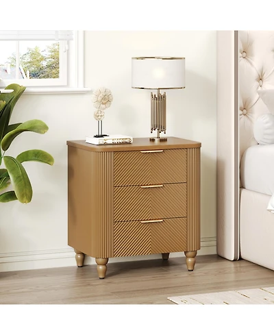 Flynama Elegant Modern Wooden Nightstand with 3 Drawers Natural Finish Bedside Table for Bedroom Living Room