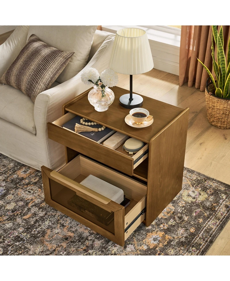 Flynama Luxurious Contemporary Walnut Nightstand with 2 Drawers Glass Top Bedroom Storage Furniture