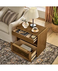 Flynama Luxurious Contemporary Walnut Nightstand with 2 Drawers Glass Top Bedroom Storage Furniture