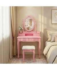 Flynama Princess Vanity Desk Set with 360 Rotating Mirror Cushioned Stool 4 Drawer Wooden Makeup Table for Girls Bedroom