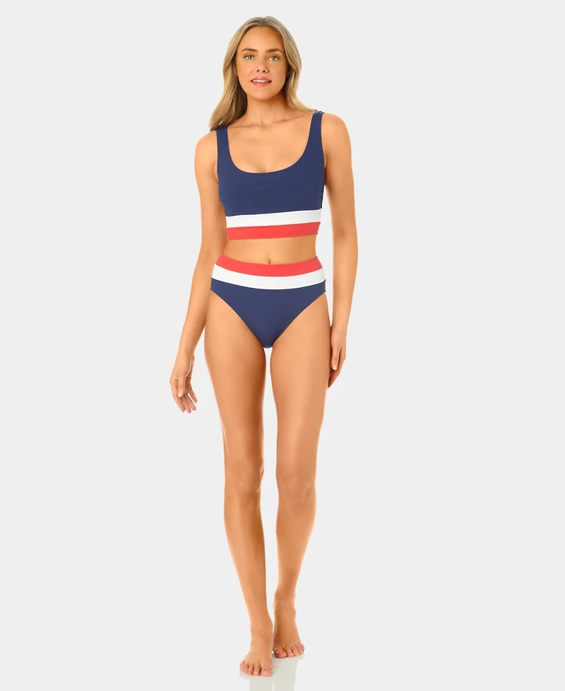 California Waves Women's Color-Block Mini Rib Long Line Swim Bikini Top