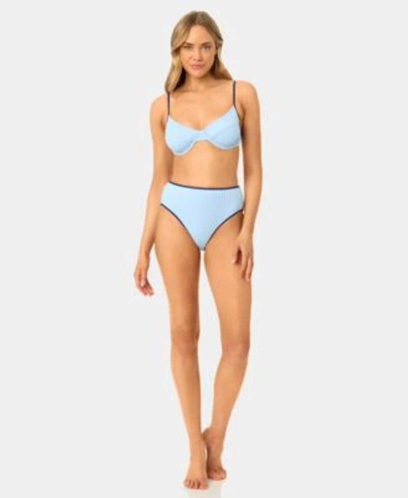 California Waves Womens Solid Seamed Contrast Binding Swim Bikini Top High Waist Contrast Binding Swim Bottoms