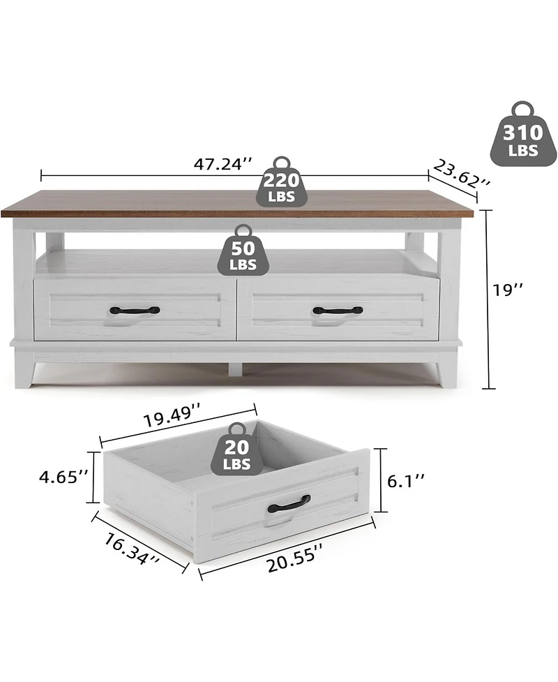 gaomon Farmhouse Coffee Table with Drawers, Center Rustic Tables Living Room Table, Open Shelf and 6 Support