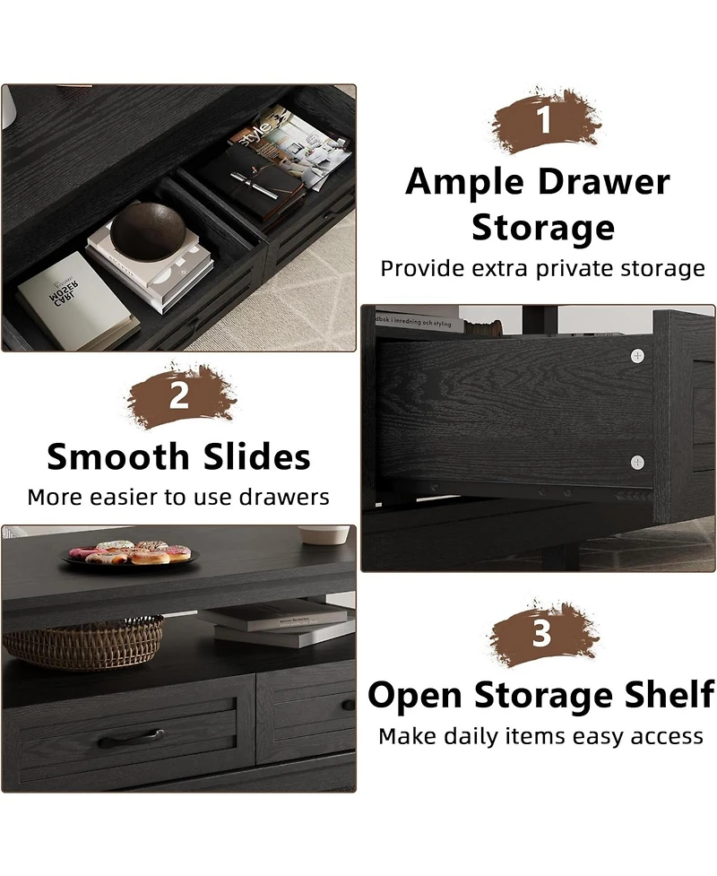 gaomon Farmhouse Coffee Table with Drawers, Center Rustic Tables Living Room Table, Open Shelf and 6 Support