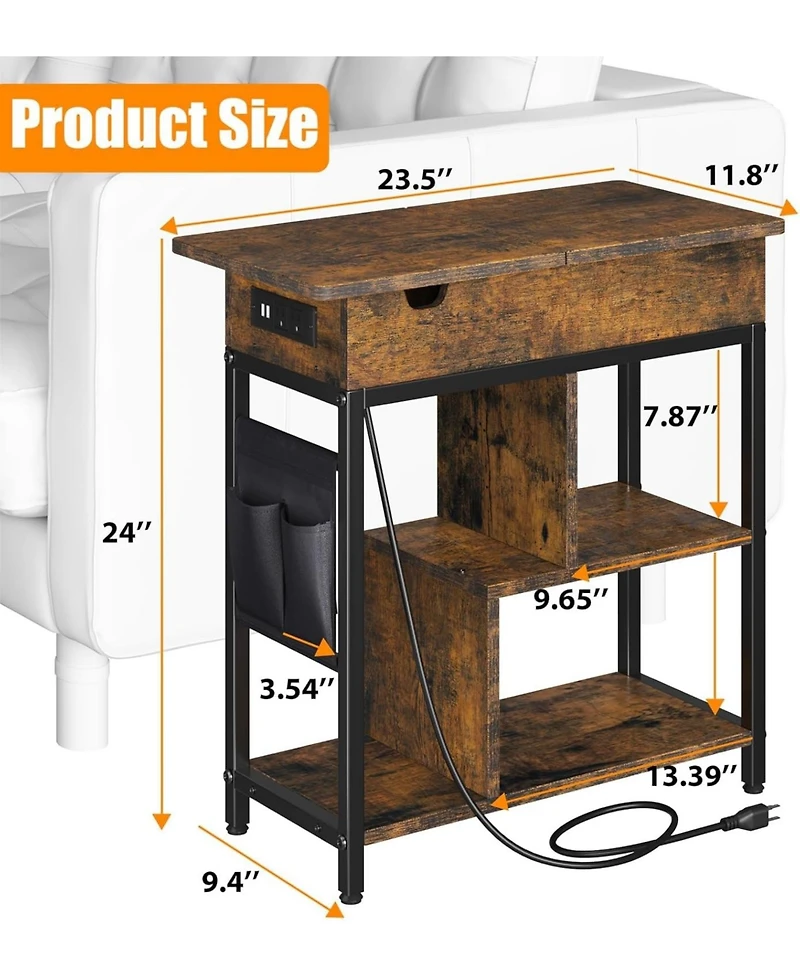 gaomon Side Table with Charging Station, Rustic Brown End Table with Flip Top, Usb Ports & Outlets, Narrow Nightstand with Storage Shelf for Small