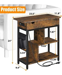gaomon Side Table with Charging Station, Rustic Brown End Table with Flip Top, Usb Ports & Outlets, Narrow Nightstand with Storage Shelf for Small