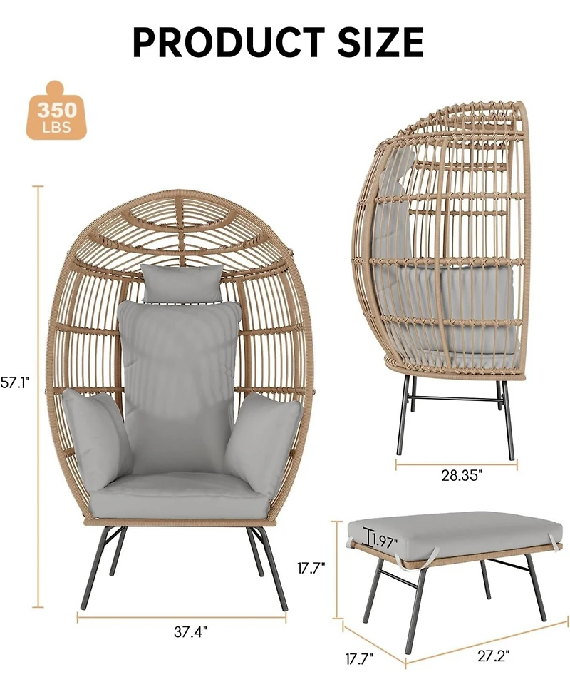 gaomon Oversized Wicker Egg Chair with Ottoman, Patio Lounge Egg Chair with Thick Cushion, Rattan Egg Basket with Steel Frame for Indoor/Outdoor