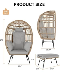 gaomon Oversized Wicker Egg Chair with Ottoman, Patio Lounge Egg Chair with Thick Cushion, Rattan Egg Basket with Steel Frame for Indoor/Outdoor