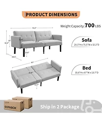 gaomon Convertible Futon Sofa Bed, 75.5" Linen Flannel Loveseat Couch Bed With Solid Wood Legs & 700lbs Capacity