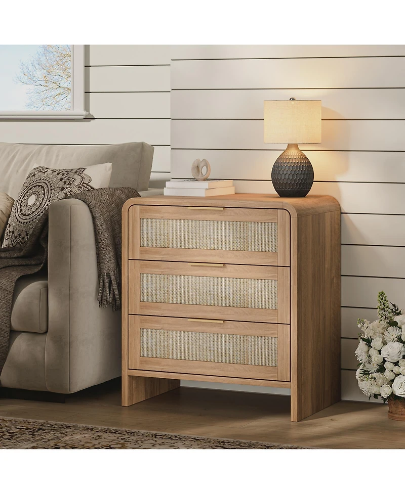 Flynama Stylish Rattan Nightstand with 3 Drawers Finish Bedroom Living Room Storage Table
