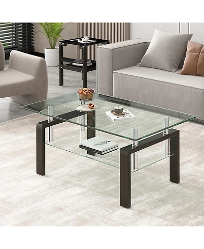 Rainsken Rectangle 2-Tier Glass Coffee Table, Modern Small Center Table with Storage and Metal Legs for Living Room