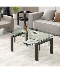 Rainsken Rectangle 2-Tier Glass Coffee Table, Modern Small Center Table with Storage and Metal Legs for Living Room