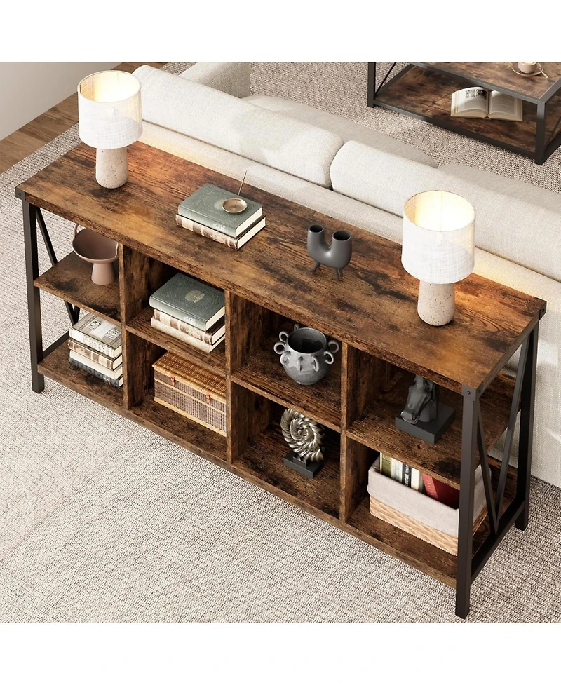 gaomon Entryway Console Table, 3 Tier Industrial Metal Sofa Table with 8 Cube Storage Organizer, Behind Couch Table, Hallway Table for Entry, Living