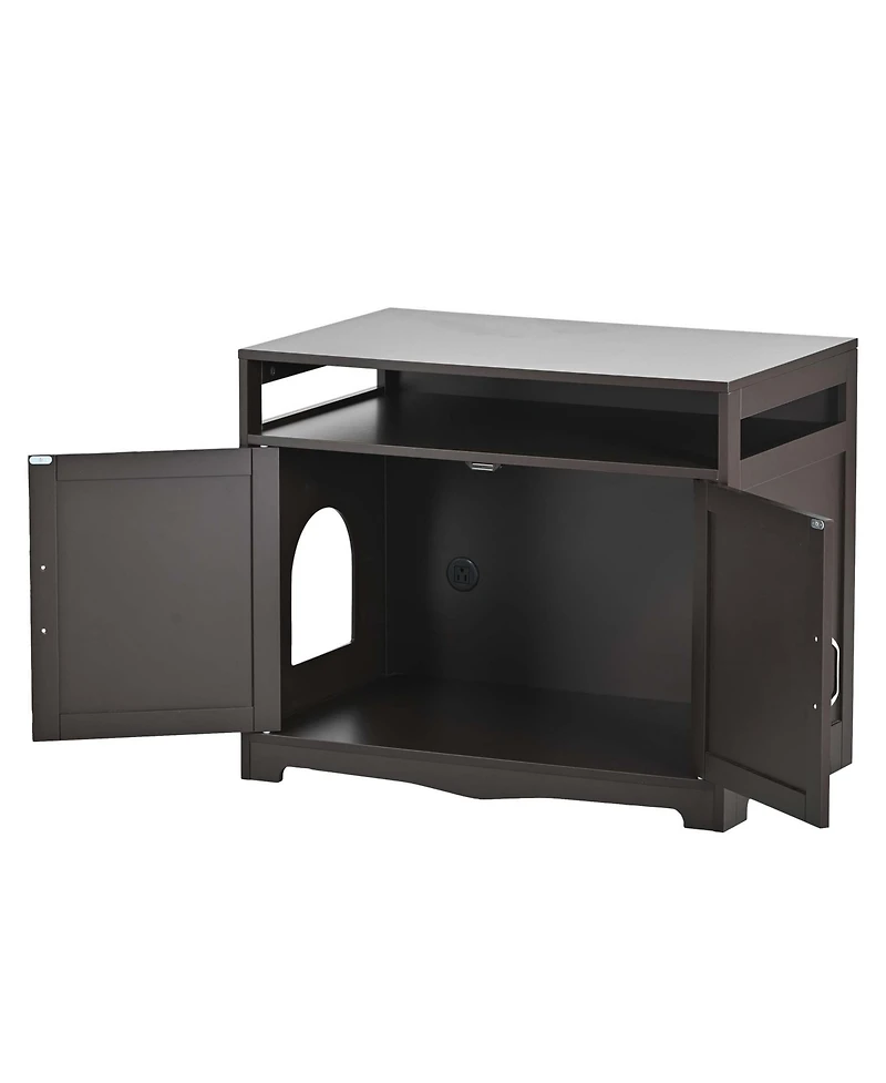 Aostirmotor Cat Litter Box Enclosure with Hidden Plug – 2-Door Wooden Bench & Side Table, Esspresso