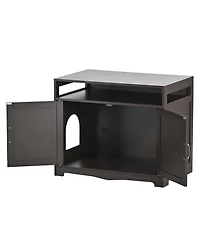 Aostirmotor Cat Litter Box Enclosure with Hidden Plug – 2-Door Wooden Bench & Side Table, Esspresso