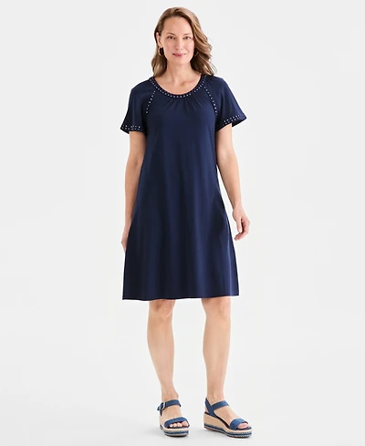 Style & Co Petite Mirror-Trim Raglan-Sleeve Swing Dress, Macy's Exclusive