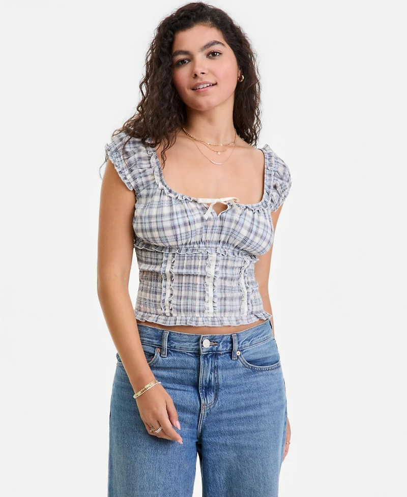 Self Esteem Juniors' Tie-Front Plaid Printed Top