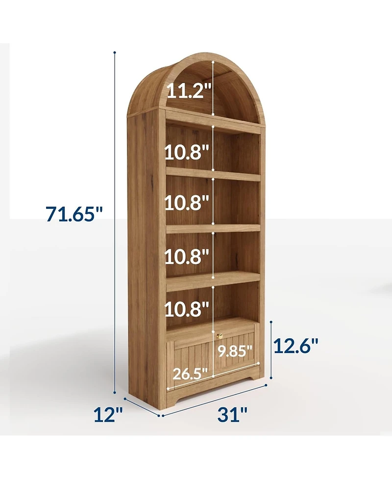 gaomon 71" Tall Arched Book Shelf, 6 Tier Freestanding Bookshelf with Drawer and Open Display Shelves, Mid Century Modern Bookcase
