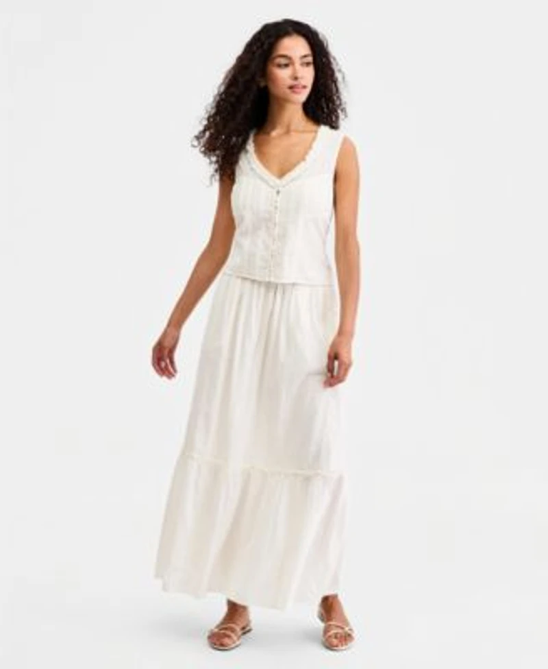 Liverpool Los Angeles Womens Embroidered Cotton Sleeveless Top Embroidered Tiered Cotton Pull On Maxi Skirt