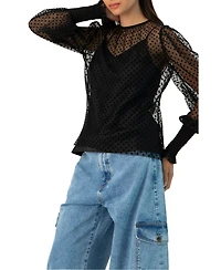 Ivonne Women's See- Though Polka Dot Smock Sleeve Blouse