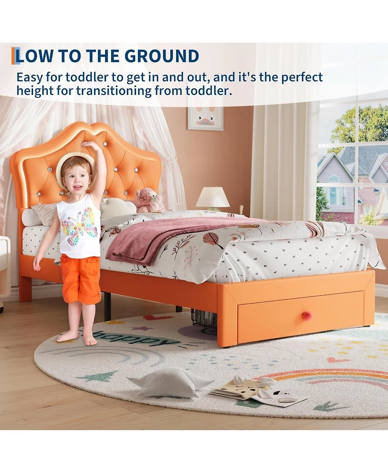 gaomon Twin Bed Frame with Led Lights Velvet Crystal Button Headboard Storage Drawer No Box Spring