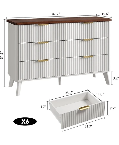gaomon Modern Fluted 6 Drawer Dresser Curved Profile Gold Handles for Bedroom