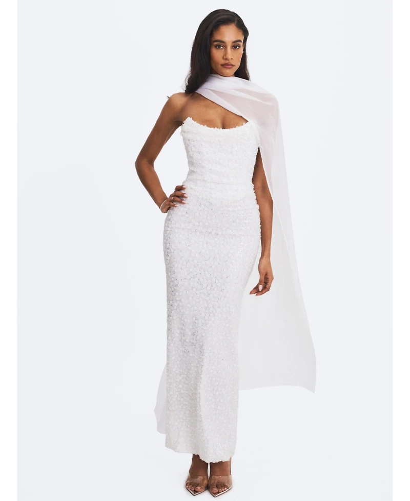 Miss Circle Women's Myra Beaded Mesh Strapless Wedding Dress