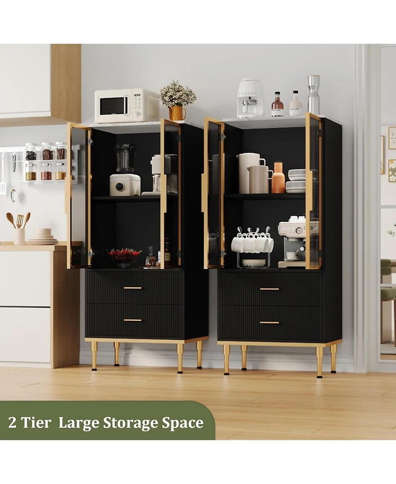 gaomon Freestanding Kitchen Storage Cabinet Glass Door 2 Drawers Modern Pantry Cupboard with Shelves for Living Room Office.