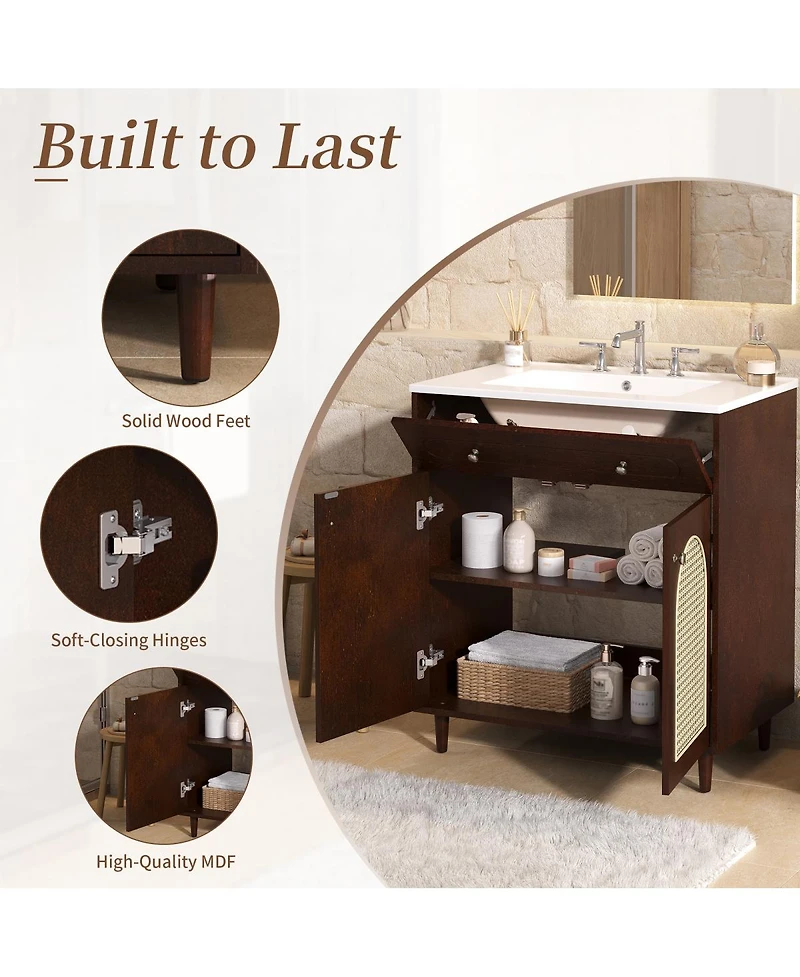 Sillysis Freestanding Bathroom Vanity with Sink, Solid Wood & Mdf Cabinet, Tip Drawer Adjustable Shelf for Modern Storage