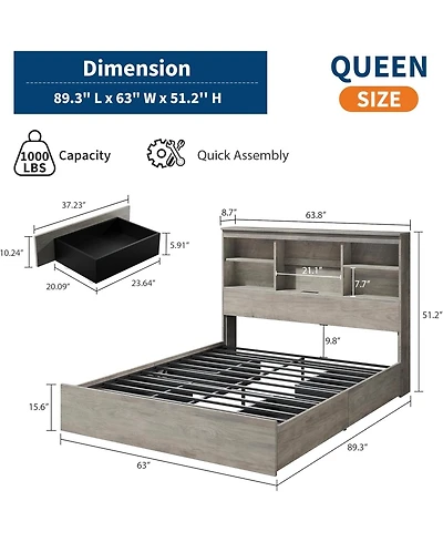 gaomon Queen Bed Frame with Bookcase Headboard 4 Drawers Charging Station No Box Spring Noise Free