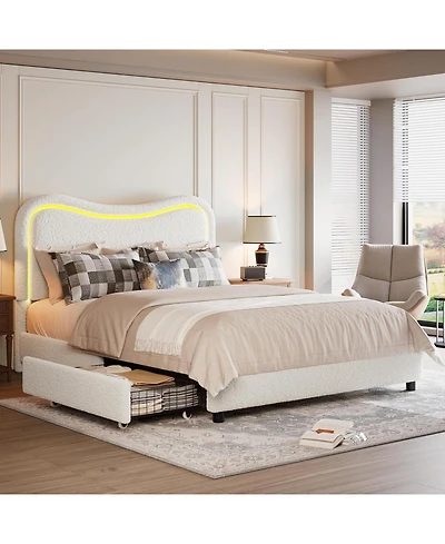gaomon Boucle Queen Platform Bed Frame with 2 Storage Drawers, Led Upholstered Headboard, Wood Slats, Kids/Teens