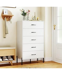 Sugift Five Drawer Tall Chest of Drawers with Metal Legs