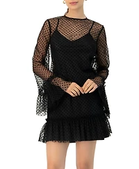 Ivonne Women's Flocked Polka Dot Short Dress with Wide Long Sleeves