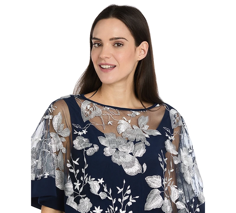 R & M Richards Women's Floral Crewneck Poncho and Pants, 2-Piece Set