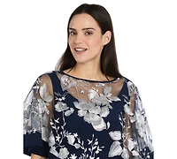 R & M Richards Women's Floral Crewneck Poncho and Pants, 2-Piece Set