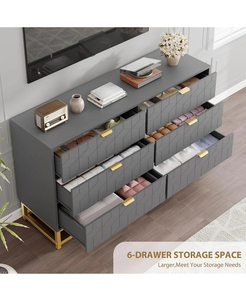 gaomon 53.5 Inch Wide 6 Drawer Dresser Gold Accents for Tv Stand and Closet