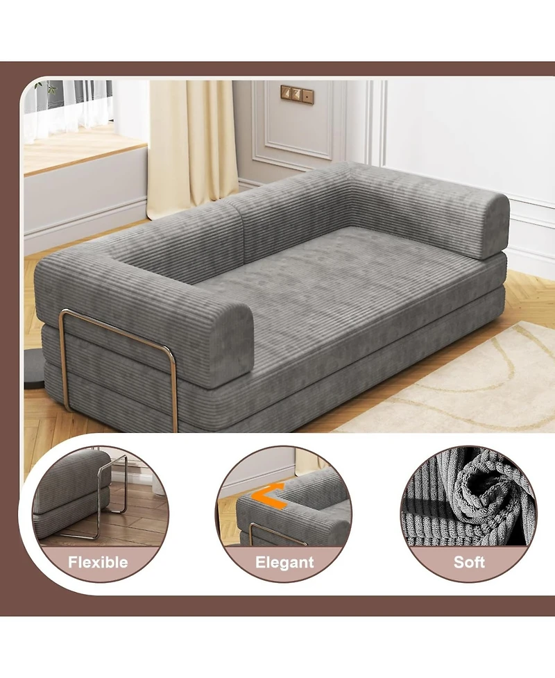 gaomon Convertible Corduroy Sleeper Sofa Bed,Folding Mattress Couch with Fixed-Shape Frame, 3 Seater Fold Out King Size Futon,No Assembly Floor Couch