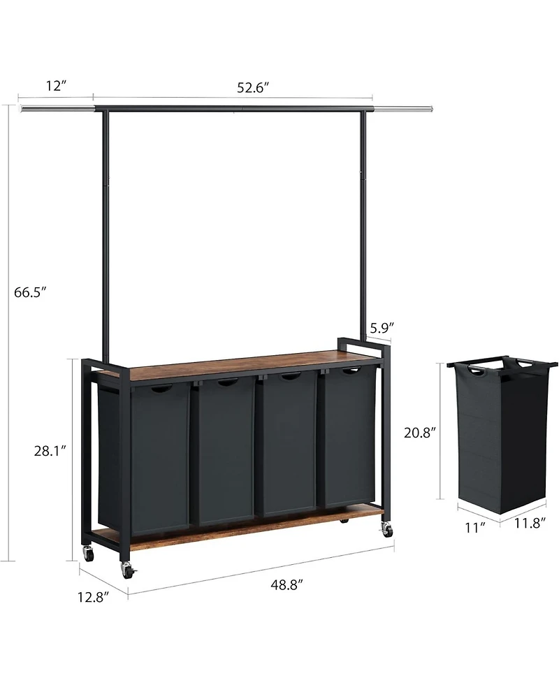 Gaomon Rolling Laundry Sorter Hamper 4 Section Basket with Hanging Rack Plus Wheels Organizer for Laundry Room Rustic