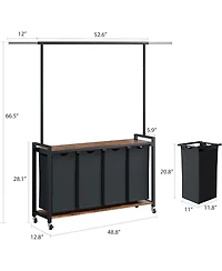 Gaomon Rolling Laundry Sorter Hamper 4 Section Basket with Hanging Rack Plus Wheels Organizer for Laundry Room Rustic