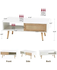 Rainsken Rattan Coffee Table, Rectangle Wooden Center Tables with Sliding Door and Solid Wood Legs for Living Room, Home Office