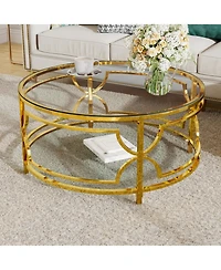 Rainsken Round Tempered Glass Coffee Table, Modern 2-Tier Center Table, Luxurious Geometric Metal Frame for Living Room, Transparent