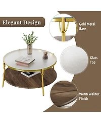 Rainsken Modern Round Walnut 2-Tiered Coffee Table