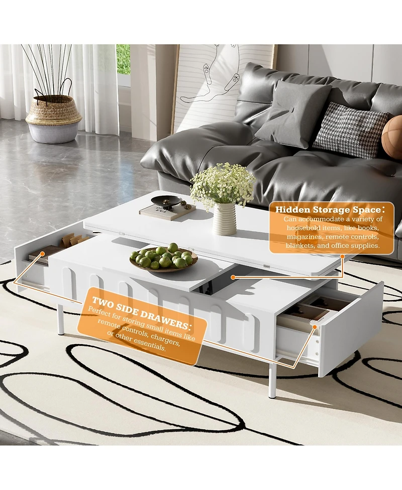 Rainsken Lift-Top Coffee Table, Multi-Functional Center Table with 2 Drawers, Foldable Top and Hidden Storage Compartment for Living Room