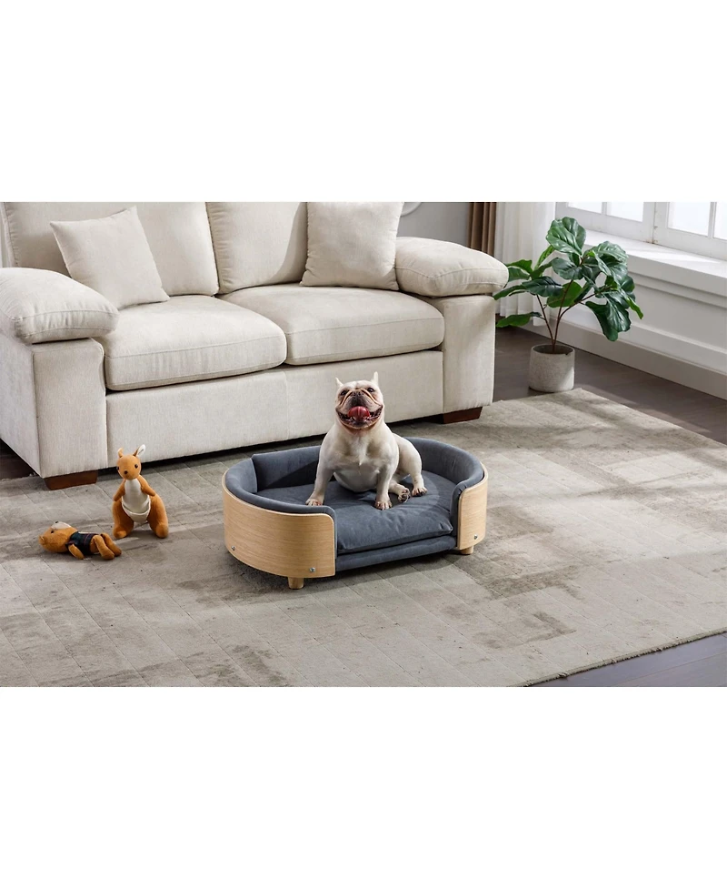 Aostirmotor Mid-Size Scandinavian Elevated Dog Bed with Solid Wood Legs and Velvet Cushion