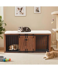 Aostirmotor 56" Walnut 2-in-1 Dog Crate Furniture with Padded Seat and Sliding Barn Door
